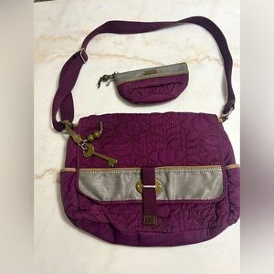FOSSIL KEY-PER NYLON QUILTED MESSENGER BAG PURPLE WITH MATCHING POUCH